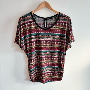 Notations Women’s Bohemian Aztec Print Short Sleeve Ruched Sides Blouse NWT